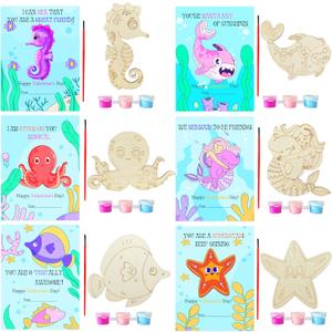 24 Sets Valentines Cards with Art Supplies-Ocean Sea Animal Wood Painting Craft Kits,DIY Unfinished Wooden Octopus,Whale,Dolphin,Seahorse,Starfish,Fish for Valentines Day Gift Exchange Art Project