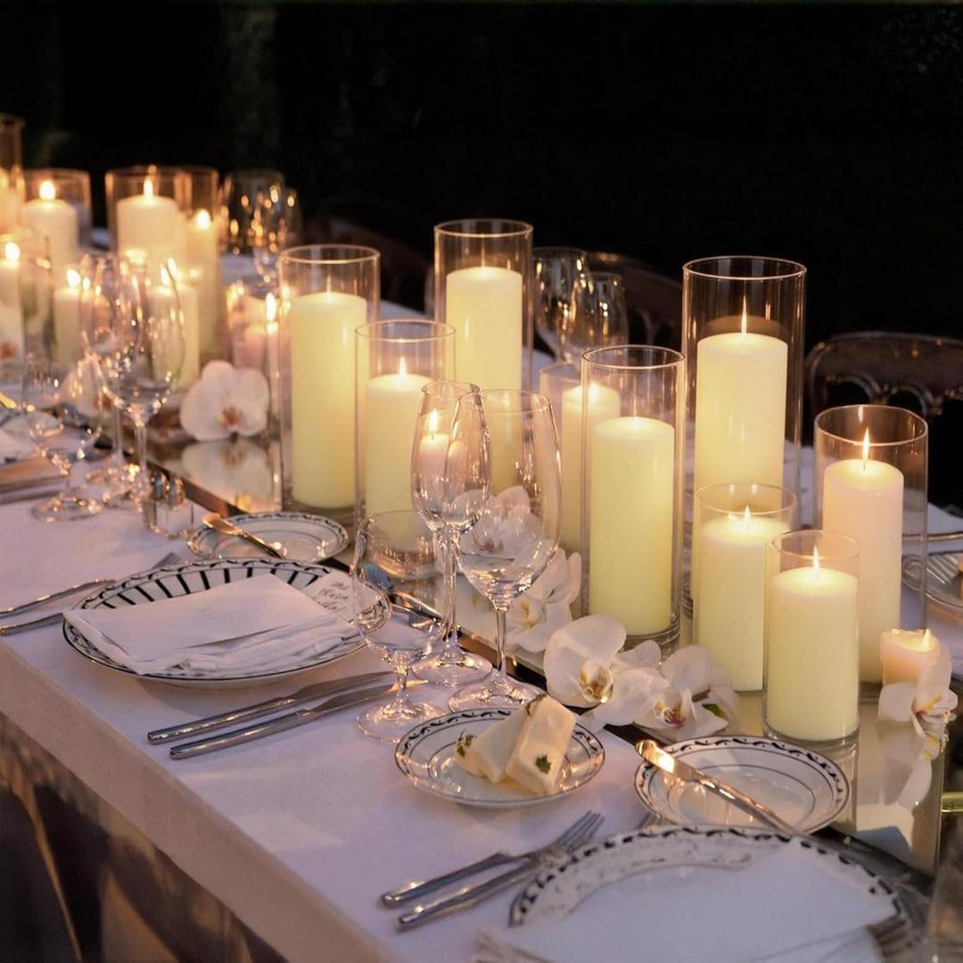 12-Pack Ivory Pillar Candles (2''X3,4,6) & 12-Pack Glass Cylinder Vases(2.6''X5,6,8),Hurricane Candles,Wedding Centerpiece Decor Set-Mixed Heights for Table, Proposal, Event.