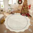 GarveeHome Scalloped Washable Round Rugs, Non-Slip Soft Round Rug 4 ft Ultra-Thin, Small Boho Circle Stain Resistant Low Pile Carpet for Entryway Kitchen Bedroom Nursery Bathroom, Beige