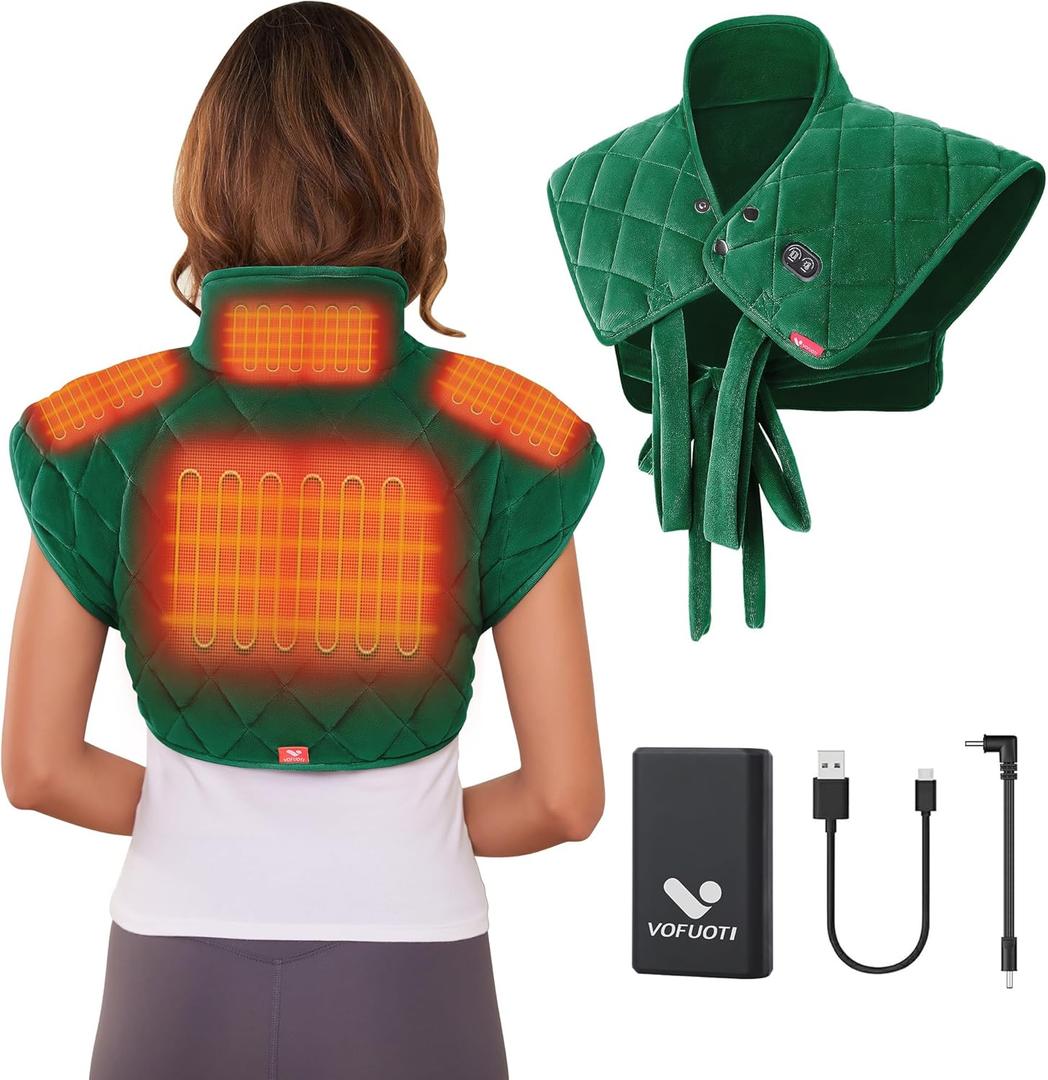 Vofuoti Heating Pad for Neck and Shoulders, Portable Cordless Heating Pad with Massager and Battery, Weighted Electric Heated Neck Shoulder Wrap, 16'' x 22'', 2.2lbs (Green)