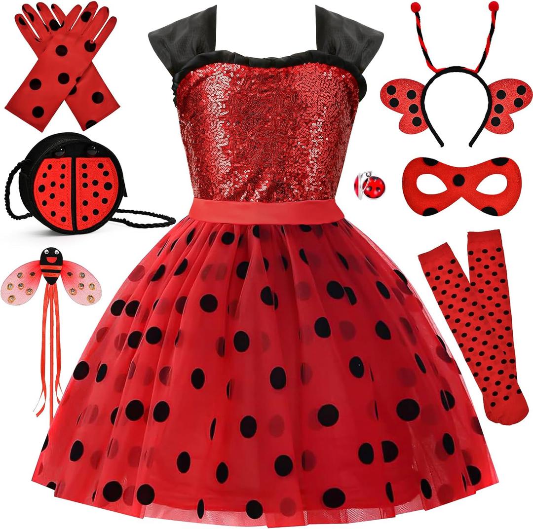 G.C 11pcs Girls Lady Bug Dress Costume Kids Toddler Princess Dress Up Clothes with Polka Dots Halloween Gifts (100(3Y))