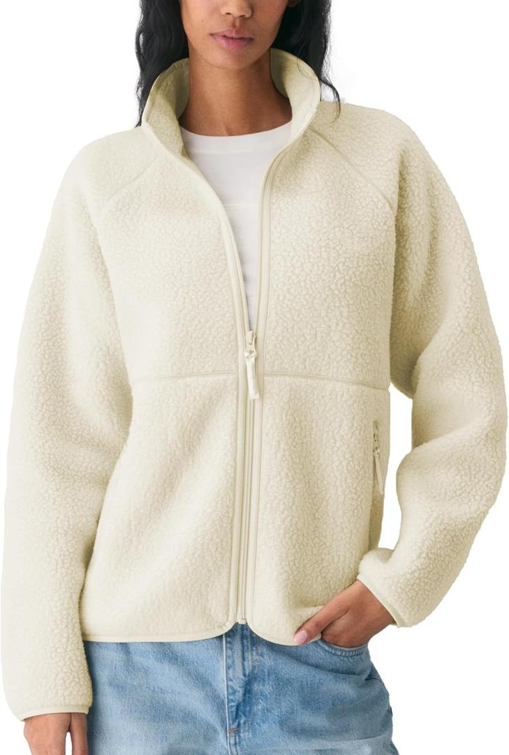 Hixiaohe Womens Fuzzy Fleece Jacket Fall Winter Warm Long Sleeve Sherpa Coats Casual Full Zip Up Outerwear with Pockets (Medium, Beige)