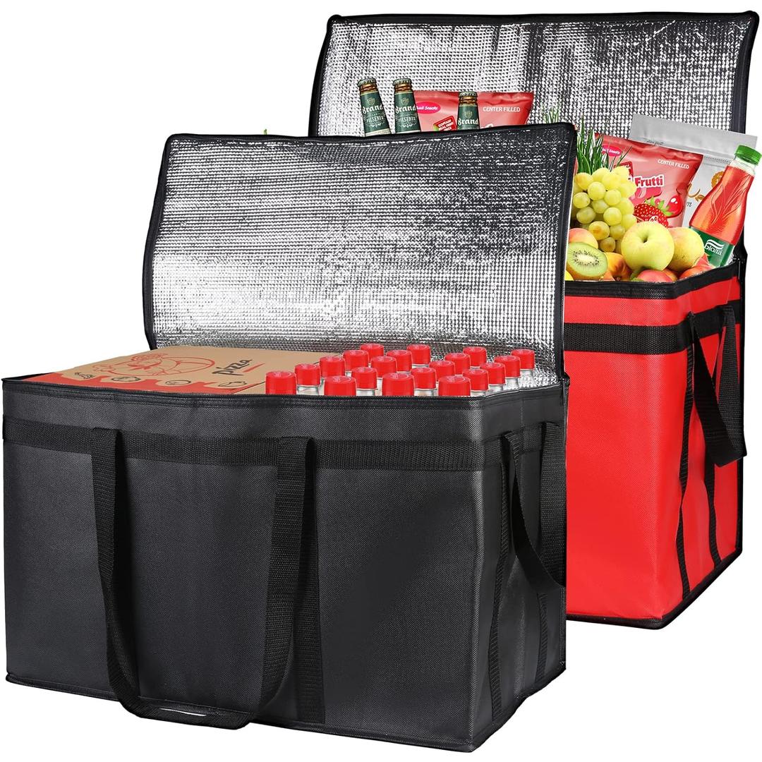 Bodaon 2-Pack Insulated Food Delivery Bag, XXX-Large Meal Grocery Tote Insulation Bag for Hot and cold Food, Commercial, Large Capacity Reusable Warming Bag, Black + Red