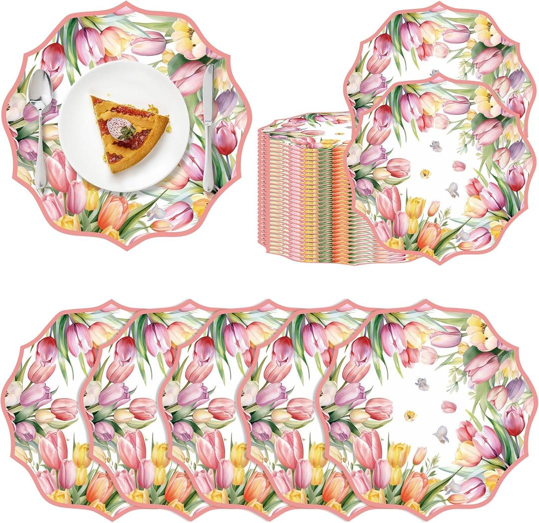 100 Pcs Spring Tulip Paper Placemats 13 Inch Scalloped Tulip Paper Placemats Spring Summer Disposable Placemat Flower Table Mats for Dinner Table Setting Birthday Wedding Bridal Shower Party Decor