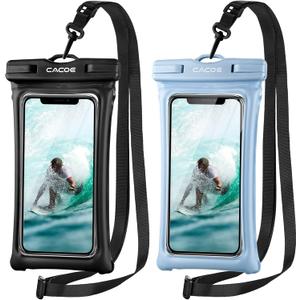 CACOE [Floatable] Floating Universal Waterproof Phone case 2 Pack-Up to 7.0",Phone Pouch with Adjustable Neck Lanyard,IPX8 Cellphone Dry Bags for Vacation Water ActivitiesBlack+Light Blue