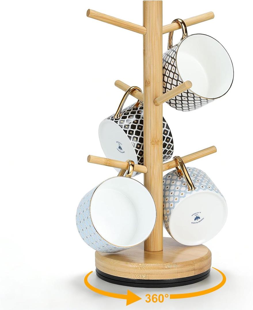 360 Rotated Mug Holder Tree with 6 Hooks, Upgraded Bamboo Mugs Holders for Counter, Non-Slip Cup Stand Organizer for Coffee Bar Accessories