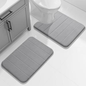 Yimobra U-Shaped Toilet Bath Mat Set 2 Piece - Super Soft Absorbent Quick Dry Memory Foam Bathroom Rugs, Machine Washable Non Slip Floor Carpet for Tub Shower & Single Sink (17x24 & 24x20, Gray) (Grey)