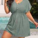 Plus Size Swimsuit Cover Up Women V Neck Swimwear Short Sleeve with Button | Coverups Beach Dress, pink, green, 20W (Green)