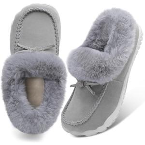 BARERUN Womens Moccasin Snow Boots Warm Winter Boots Ankle Boots for Women Outdoor Fur Lined Womens Shoes Slippers (Gray)