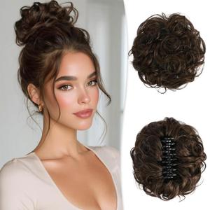 RUWISS Large Messy Bun Hair Piece with Claw Clip Human Hair Bun Wavy Curly Chignon Hair Bun Extensions Tousled Updo Hair Pieces for Women Claw Clip Ponytail Hair Scrunchies for Women, Natural Brwon