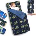 Primlect Thickened Toddler Nap Mat with Removable Pillow and Minky Blanket, Extra Large 55''x35'' Sleeping Bag, Washable, Roll up, Perfect for Daycare, Preschool, Kindergarten, Boys and Girls (Blue Traffic Upgraded)