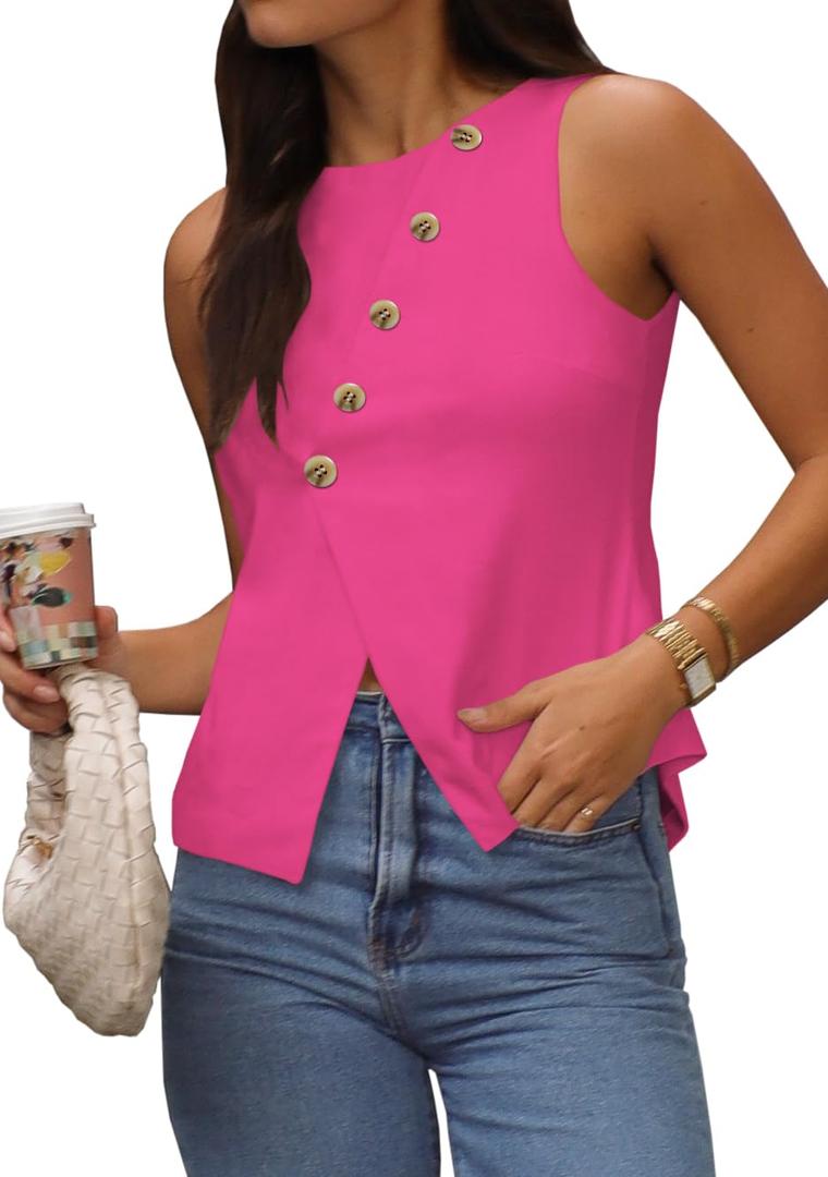 EGOCKAL Vest Tops for Women Casual Crewneck Button Down Waistcoat Sleeveless Business Office Work Blazer Suit Vests