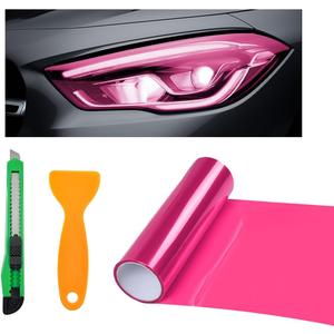 povtii Tint Vinyl Film Sticker Sheet Roll for Car Headlight, 12×48 Inch Auto Taillight Vinyl Wrap Film, Self Adhesive Fog Light Vinyl Film with Squeeze & Cutter, Car Accessories (Pink)