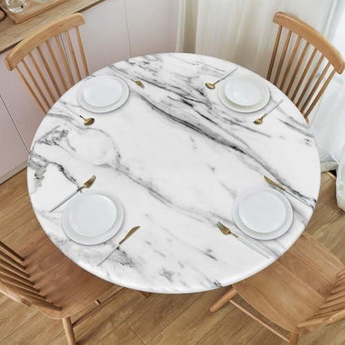 Fiokroo Black and White Marble Texture Tablecloth with Elastic Edge, Round Table Cloth Washable Reusable Table Cover for Kitchen Dining Party Picnic, Medium (Suitable for 30-35 in)