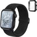 Braided Stretchy Band Compatible for Apple Watch Band and Case 40mm 41mm 42mm 44mm 45mm 46mm, Nylon Elastic Solo Loop and Protective Cover with Screen Protector for iWatch Series 11 10 9 8 7 SE 6 5 4 (Black)