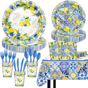 169 Pcs Capri Lemon Party Decorations Amalfi Coast Lemon Party Supplies Serve 24 Summer Mediterranean Tableware Set Lemon Plates Napkins Tablecloth for Birthday Bridal Shower