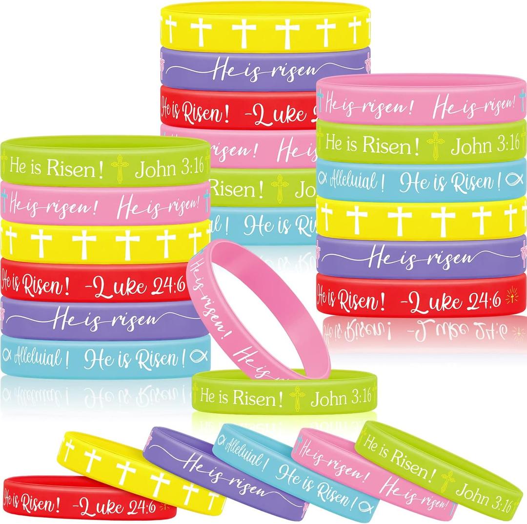 Deekin 36 Pcs He Is Risen Bracelets Bulk Easter Egg Stuffers Basket Filler Religious Silicone Bracelet Party Favors Bible Rubber Bracelet Cross Catholic Exchange Gifts for Kids Festival Spring Party