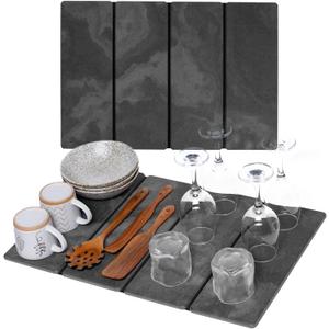 Large Black Stone Dish Drying Mat - Foldable & Water Absorbing Dish Drying Mat with Cleaning Tools, Anti-Slip, Stain Resistant, Easy-Clean, Kitchen Drying Mat and Highly Absorbent Bath Mat 24" x 16"