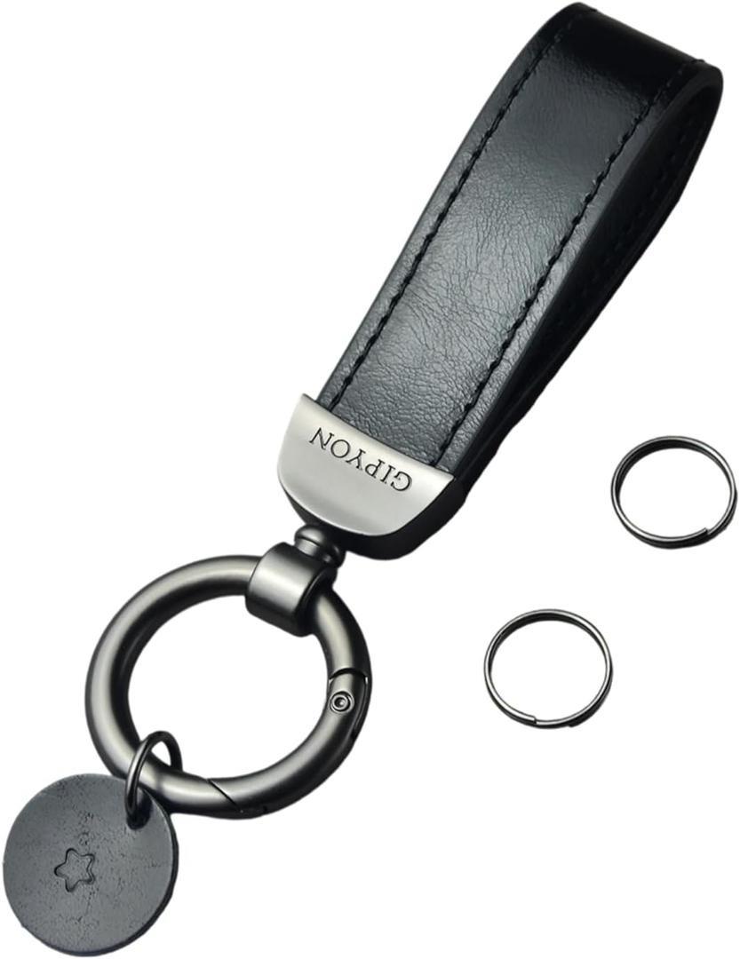 Metal Keychain Car Key Holder with 2 Key Rings Leather Key Pendant for Men & Women (Black)