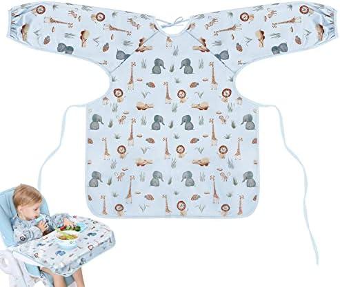 Vicloon Coverall Baby Feeding Bib, Weaning Bib Attaches to Highchair and Table, Long Sleeves Bib with Waterproof, Comfortable,Machine Washable, Baby Bib For 6 Month to 3 Years Old (Blue)