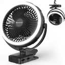 Rechargeable Camping Fan, Battery Operated with Timer, Powerful Airflow Portable Fan, Strong Clip with Light & Hook for Camping Outdoor Travel BBQ Hurricane Power Outage