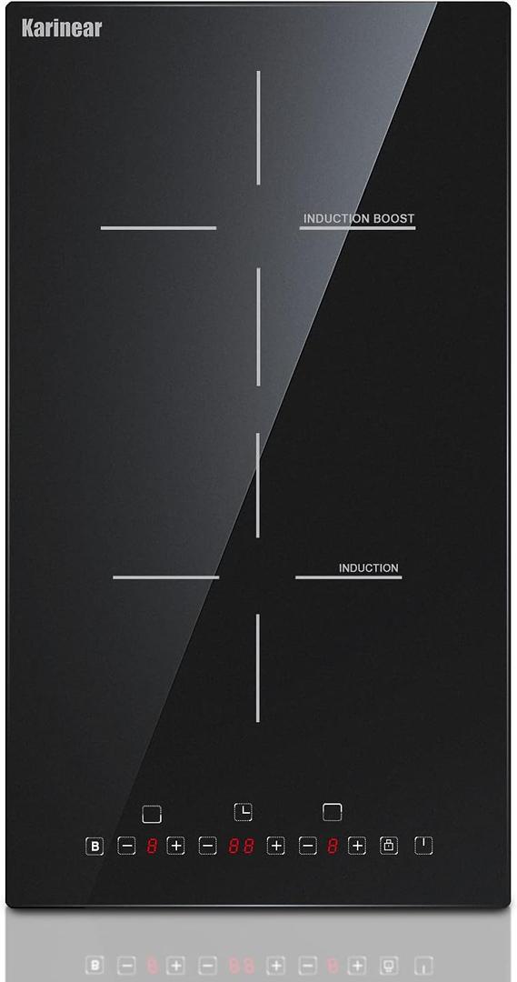 Karinear 12 Inch Induction Cooktop 2 Burner Drop In Electric Cooktop, Induction Stove Top Ceramic Glass with Booster, Child Lock, Timer, Pause function, 220-240V, 3500W, Hard Wire(No Plug)