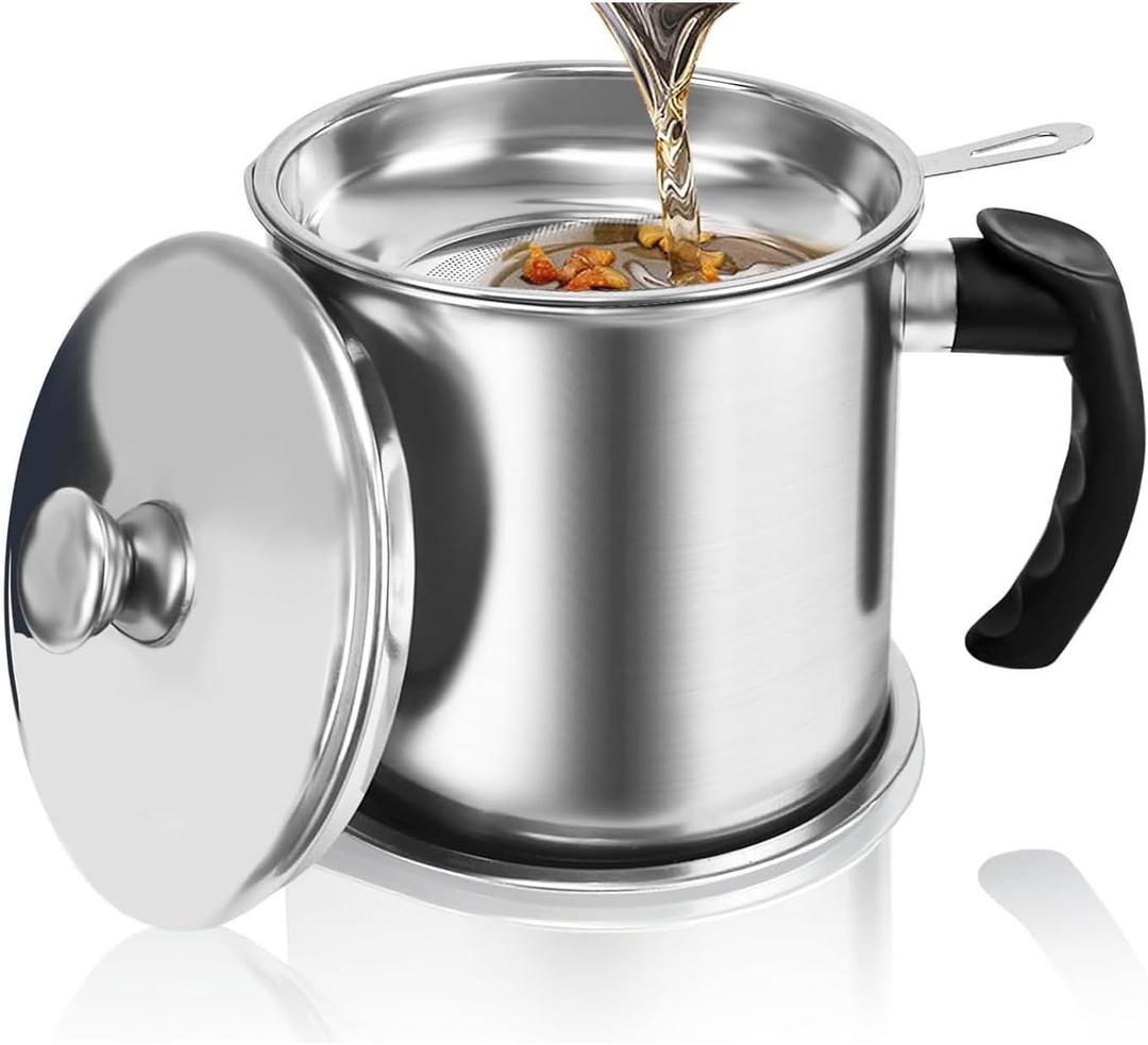 Bacon Grease Container with Strainer for Store Meat Frying Oil and Cooking Grease Storage (Silver, 1.3 L)