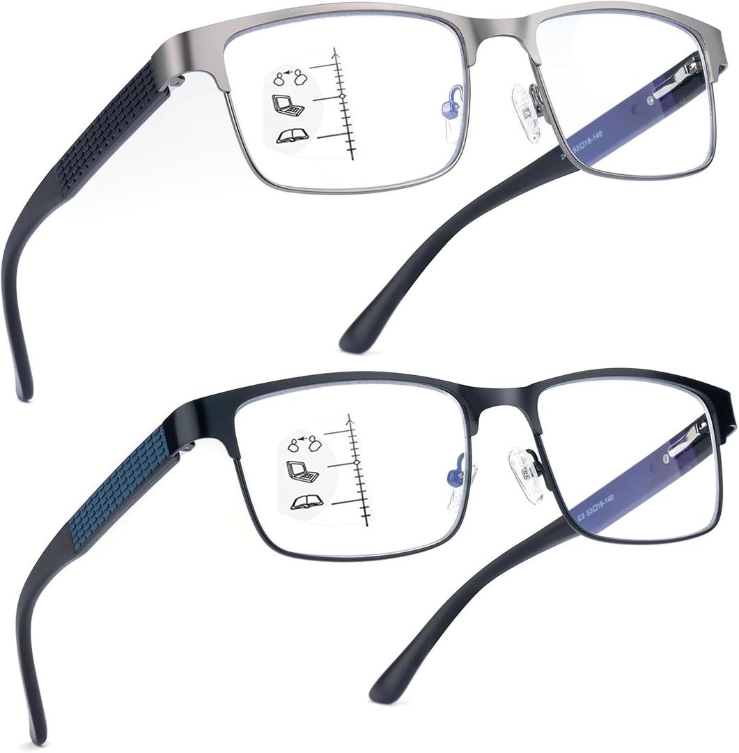 SKYOAK 2 Pack Refined Progressive Multifocus Reading Glasses Men Blue Light Blocking Readers Metal Frame Spring Hinge (Black+Gunmetal, 1.5) (Top is Not 0 (3ft Range) - Black + Gunmetal)