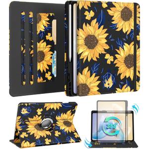 Kidcube for Samsung Galaxy Tab A9 Plus Case 11 Inch - for Women Girls Kids Cute Rotating Stand Folio Cover with Pencil Holder & Card Slot Girly Kawaii Sunflower Design for Samsung A9 Plus Tablet Cases