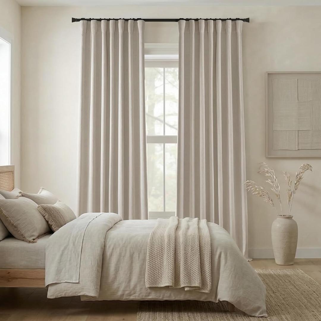 Oatmeal Linen Blackout Curtains 96 Inch Long 2 Panel Set, Pleated Drapes with Hooks for 8FT Floor to Ceiling or Track System, Neutral Warm Beige Greige Black Out Window Drapery for Bedroom Living Room