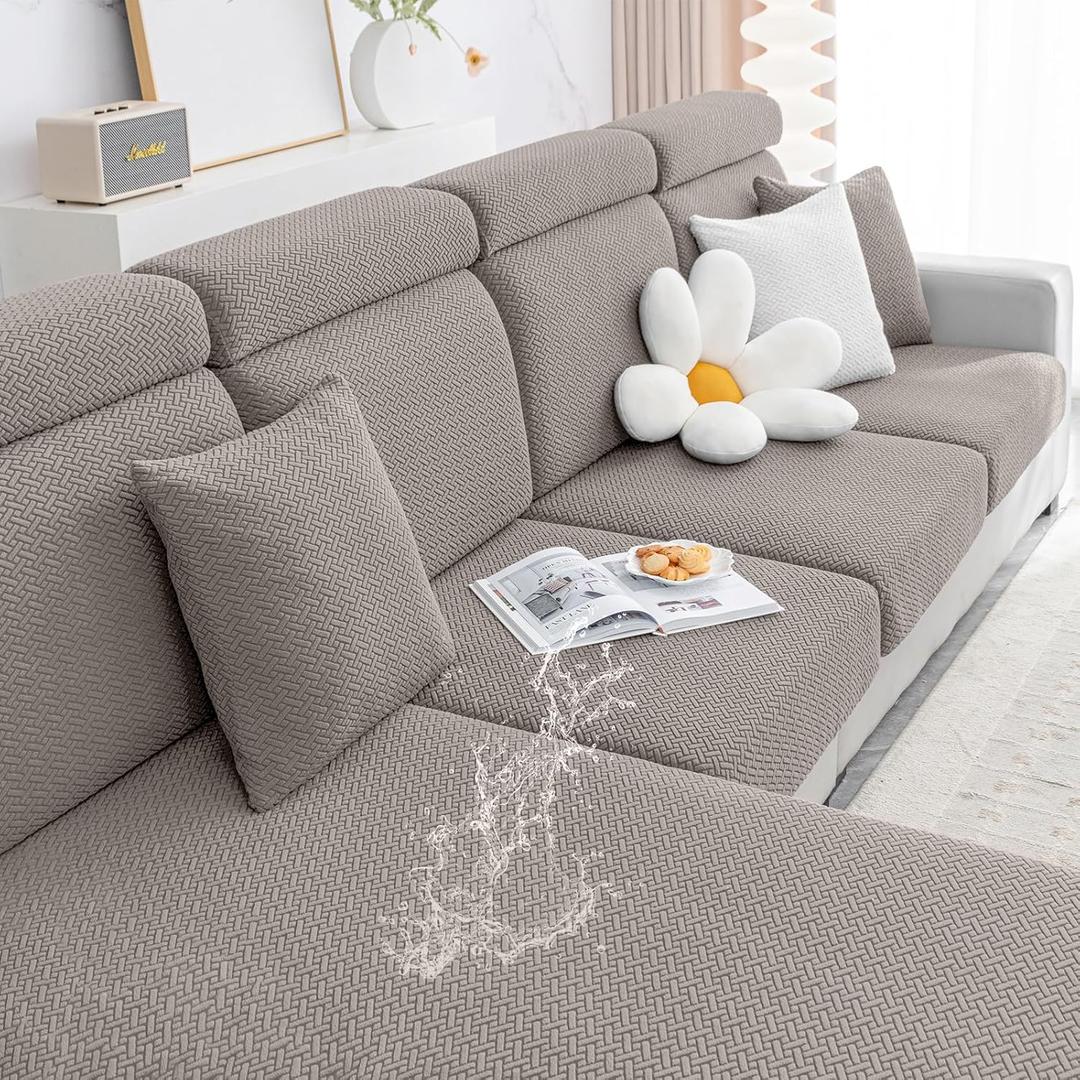 Smiry Waterproof Couch Cushion Covers, Stretch Jacquard Thick Sofa Cushion Covers, Washable Seat Slipcover Elastic Furniture Protector for Pets, Kid (3PC, Taupe)