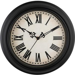Plumeet Extra Large Retro Wall Clock, 16'' Non Ticking Classic Silent Vintage Wall Clocks Decorative Kitchen Living Room Bedroom, Roman Numerals, Battery Operated, Black