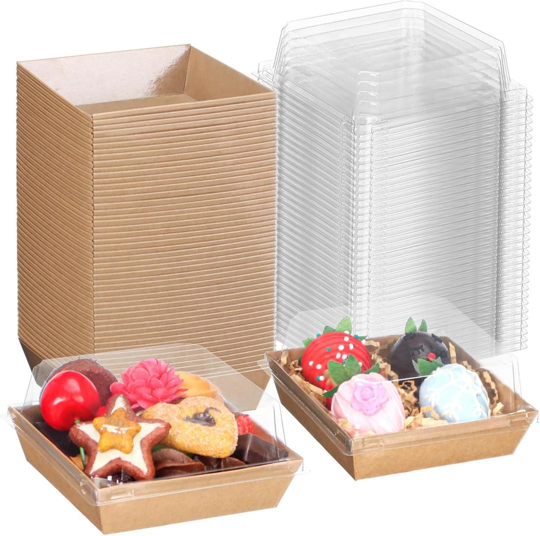 60 Pack Bakery Boxes - 4x4x2.5 Inch Charcuterie & Treat Boxes with Clear Lids - Perfect for Chocolate Covered Strawberries, Mini Cakes, Macarons & Party Favors (Brown)