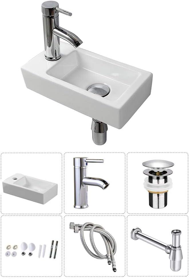 Wall Hung Basin Sink Small Cloakroom Basin Rectangle Ceramic Wash Basin Left Hand with Tap & Drain, (Art Deco)
