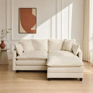 L-Shaped Sectional Sofa with Ottoman, 2-Seater Cloud Couch, Beige