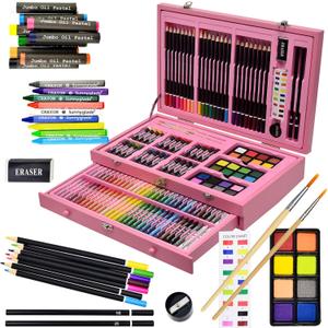 Sunnyglade 145 Piece Deluxe Art Set, Wooden Art Box & Drawing Kit with Crayons, Oil Pastels, Colored Pencils, Watercolor Cakes, Sketch Pencils, Paint Brush, Sharpener, Eraser, Color Chart (Pink)