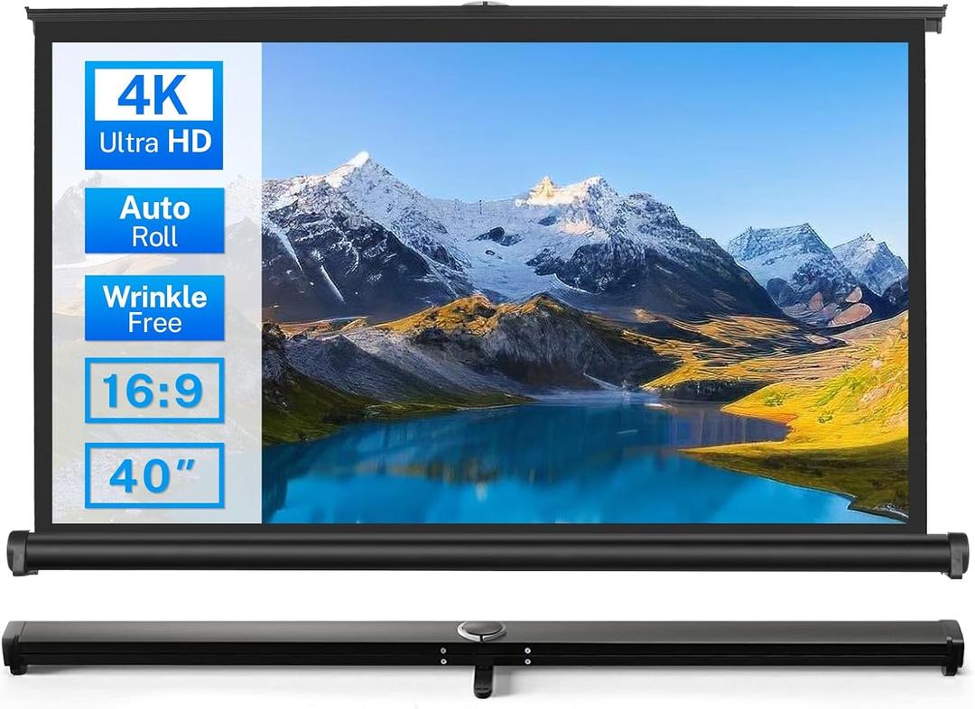 40 inch Small Projector Screen, Goldengrainv Retractable Pull Up Screen, Floor Projector Screen, 16:9 4K Portable Screen for Projector, Roll Down Movie Screen for Gaming Indoor, Mini White Screen
