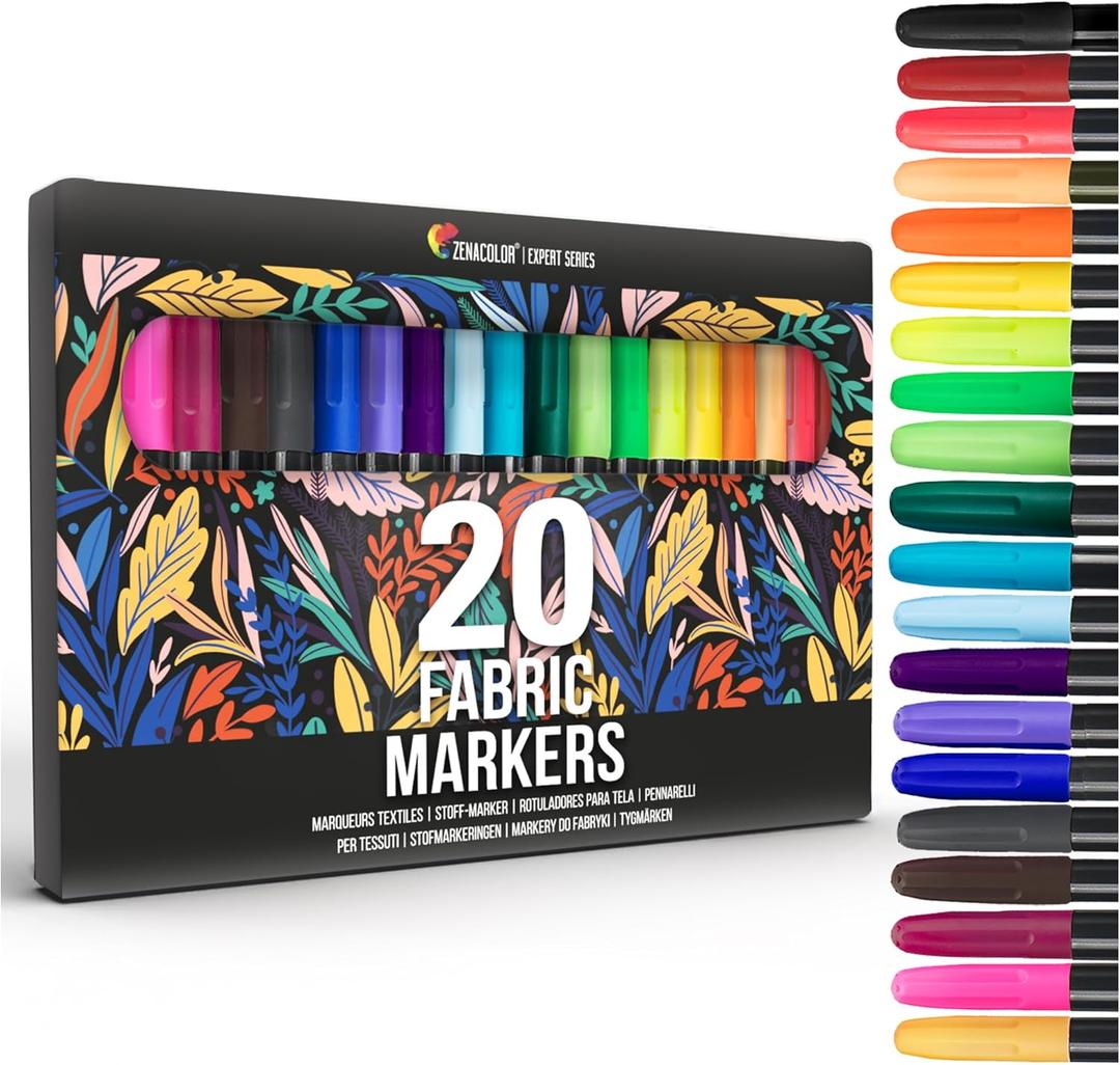 Zenacolor 20 Fabric Markers Pens Set - Indelible and Permanent Fabric Paint Fine Point Textile Marker Pen