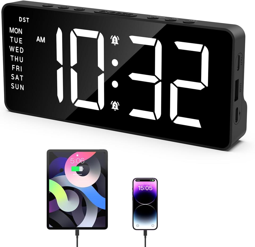 ORIA Digital Alarm Clock for Bedroom, LED Alarm Clock with Large Display, Rechargeable Desk Clock with Date, Adjustable Volume Brightness, Snooze, Type-C Port, for Home Office Living Room