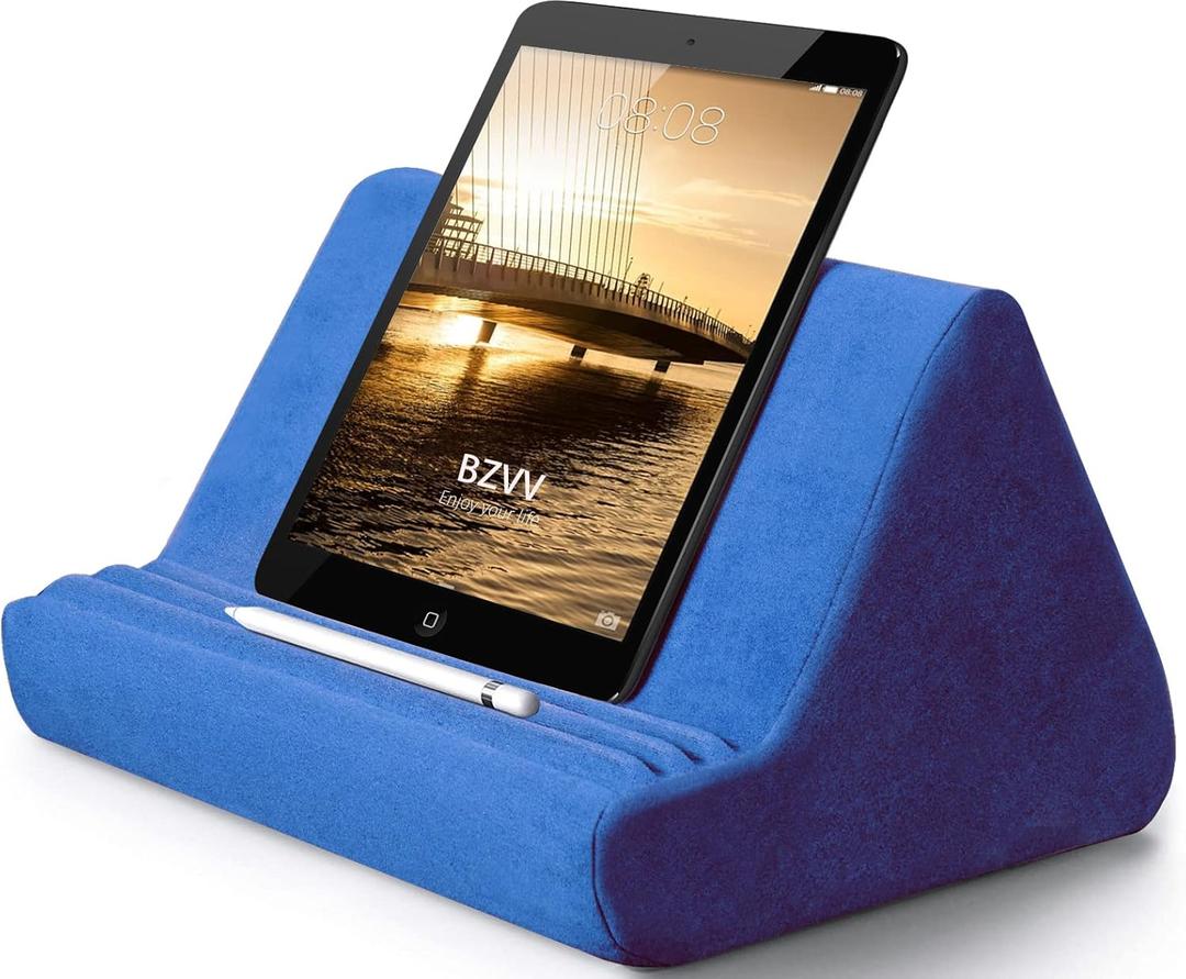 BZVV Soft Tablet Stand Pillow with Pocket,Adjustable 3 Viewing Angle,Lazy Holder for Bed Sofa,Compatible with iPads Tablets eReaders Smartphones Books Magazines (Blue)