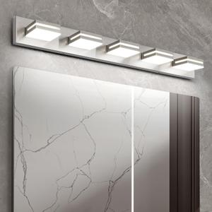 OKELI 5 Light Bathroom Vanity Light Brushed Nickel Modern 36W LED Dimmable Vanity Light Over Mirror 350 Adjustable Lamp Head Cold White 6000K ETL Listed 36.2Inch