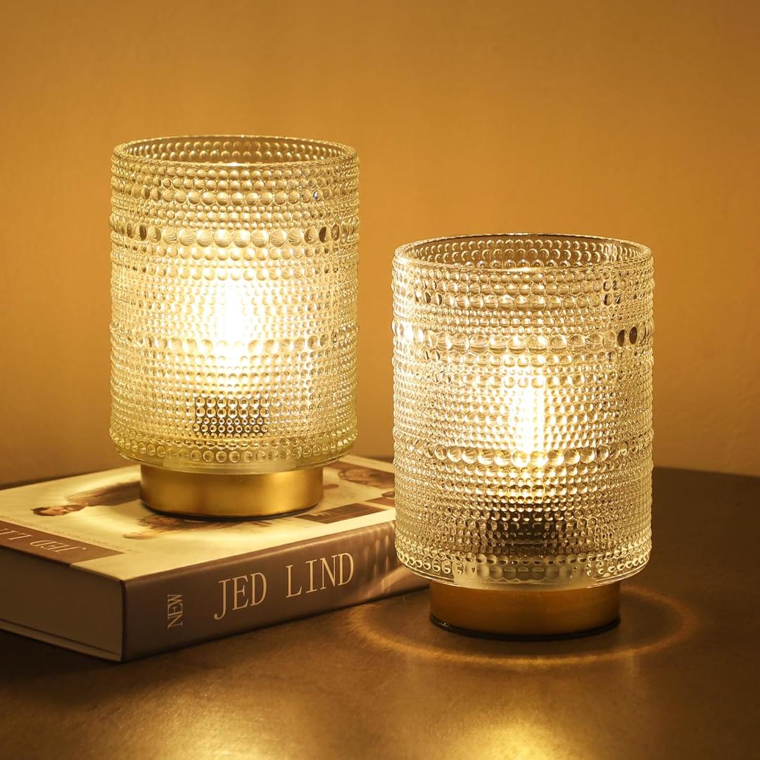 2 Pack Battery Operated Decorative Lamp with Timer for Bedside,Small Cordless Table Lamps with LED Warm Bulb for Shelf/Coffee Table/Entryway/ Bathroom or Kitchen Counter/ Dorm/Office Cubicle(Clear)