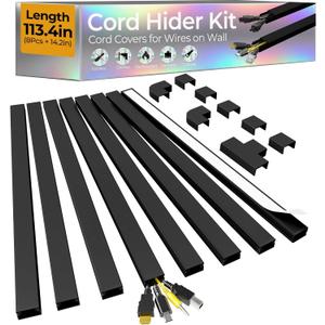 113.4in Cord Hider Kit, Cord Covers for 2-4 Wires on Wall, Self-Adhesive Cable Hider Wire Covers for Cords on Wall, Easy Set-up Cord Hider for Walls Mount Tv, Cable Cover Raceway, W0.95 H0.55in, Black