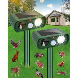 2PCS Solar Ultrasonic Animal Repellent Outdoor- Ultrasonic& Strobe Light Deer Repellent Devices for Deer/Cat/Squirrel/Raccoon/Rabbit/Bird/Owl/Dog - PIR Motion Detection, Yard Garden Protection