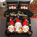 5 Pcs Twin Size Christmas Comforter Set with Pillowcase & Sham, Cute Cartoon Gnome Bedding for Kids and Adults, Golden Snowflakes Bed in a Bag with Flat Fitted Sheet
