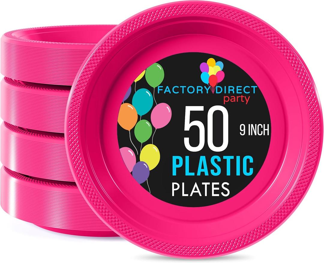 Exquisite Party Solids Hot Pink Plastic Plates For Party Supplies 9" Hot Pink Disposable Plates Heavy Duty 50 Pcs Plastic Dinnerware Sets Heavy Duty 350 GSM Disposable Dinnerware Set (Cerise)