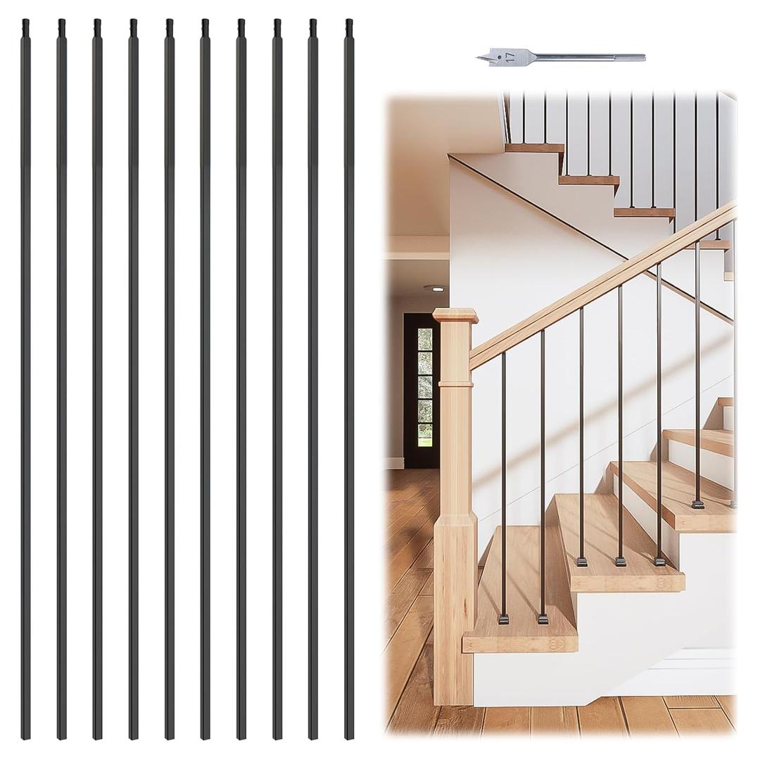 Muzata 10Pack 44'' Wrought Iron Balutser Hollow Straight Bar Metal Stair Spindles for 1/2" Square Metal Stair Iron Balusters for Staircase Interior Decorative Staircase Deck Railing WT30 (Standard Plain)