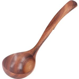 Wooden Ladle Spoon, Long Handle Wood Teak Soup Deep Serving Spoon Porridge for Cooking Kitchen Smooth Finish Lightweight Natural Texture Sustainable Handcrafted Versatile Utensil(10.63×3.15in)