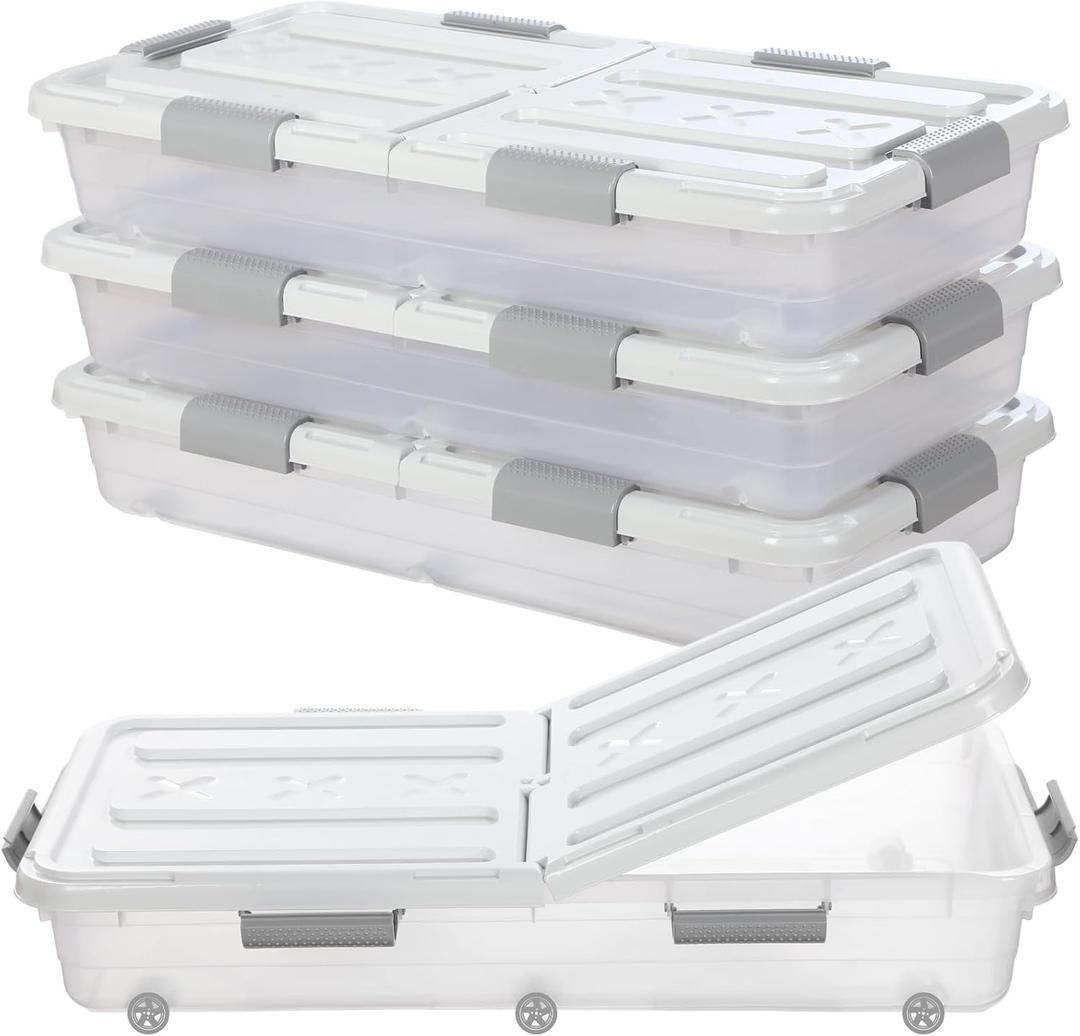 Beeveer 4 Pcs Plastic Under Bed Storage Container with Double Opening Lid Wheel Handle, Transparent Large Capacity Stackable Latching Festival Storage Bin for Closet Bedroom, 31.5x15.8x5.2 In(White)