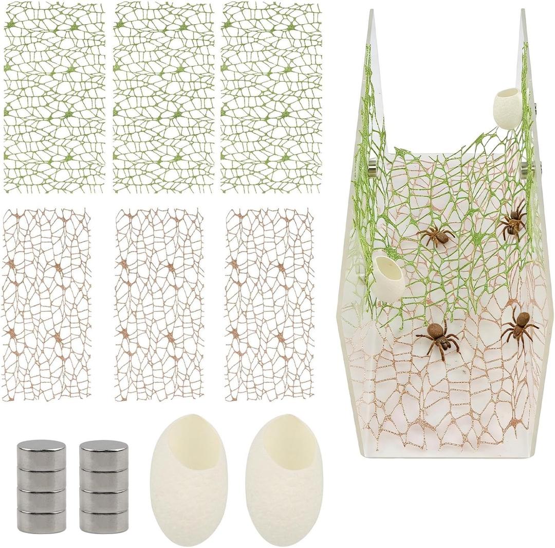 Jumping Spider Accessories Set, 6 Pcs Spider Climing Web with 2 Platforms and 8 Magnets, Small Reptile Spiders Enclosure Decoration Accessories for Climbing, Feeding, Hiding
